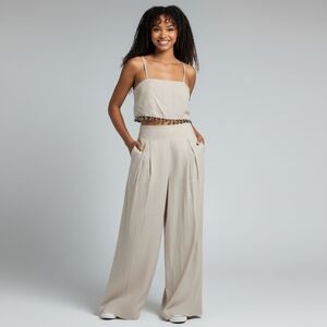 NWT Jason Wu Linen Blend Two Piece Shell Fringe Crop Top Wide Leg Pleated Pant 6
